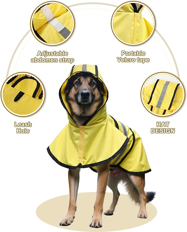 Dog Raincoat Jacket Adjustable Hooded Poncho Lightweight Waterproof Clothes with Strip Reflective Pet Rain Coat for Small to X-Large Dogs