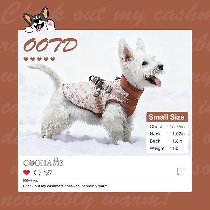 Dog Winter Coat for Small & Medium Dogs (Up to 32lb), Waterproof Dog Coat with Harness, Puppies Windproof Puppy Puffer Jacket, Snowsuit for Dachshund,Frenchie, Corgi (Paw Brown, Medium)