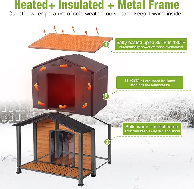 GUTINNEEN Heated Dog House for Outside Insulated Dog House Outdoor Weatherproof with Safe Heated Pad, Chew-Proof Metal Frame and Insulated Liner for Medium to Large Dogs, 41.5" L x 41.4" W x 34.1" H
