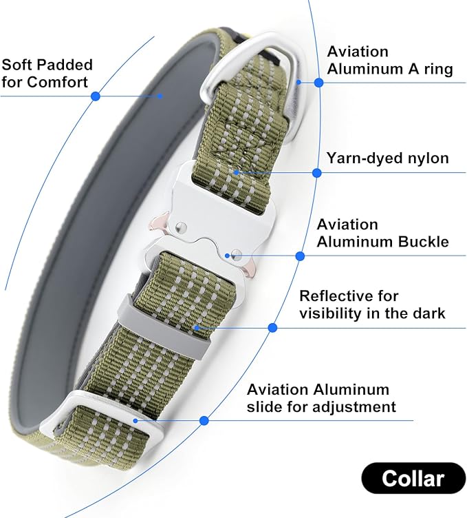 Plutus Pet Reflective Dog Collar with Aviation Aluminum Buckle, Neoprene Padded for Comfort, Lightweight, Heavy Duty Nylon Collar for Puppy Small Medium Large Dogs (Ranger Green, XL)
