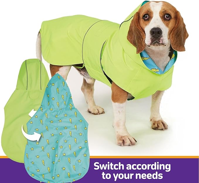 Dog Raincoat Reversible, Single Side Slicker Poncho Adjustable Waterproof Dog Rain Jacket with Leash Hole/Reflective Stripe Hooded Snowproof Windproof Clothes for Medium to 2X-Large Dogs, 2XL