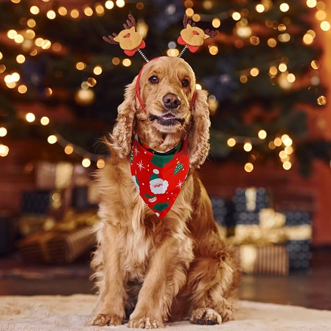 SCENEREAL Christmas Dog Bandanas 2 Pack, Puppy Xmas Santa Claus Elk Triangle Bibs Handkerchief, Reversible Holiday Dog Bandana for Boy and Girl, Premium Pet Scarf for Small Medium Large Dogs XL