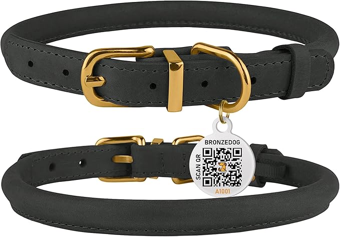 BronzeDog Rolled Leather Dog Collar with QR ID Tag, Adjustable Soft Round Collars for Small Medium Large Dogs Puppy (14" - 16" Neck Size, Black Night)
