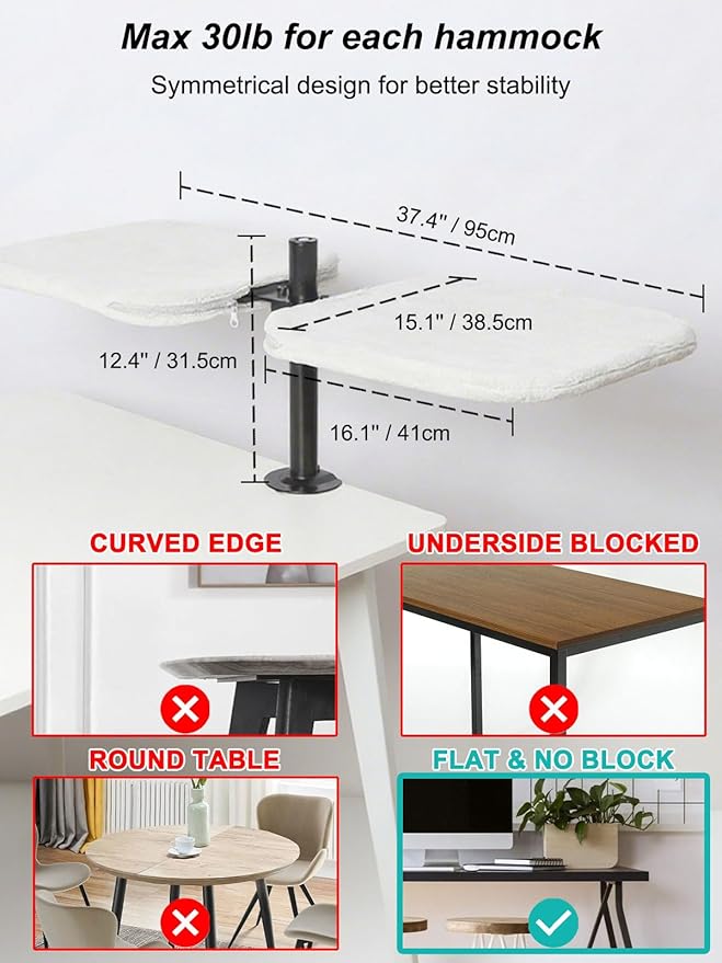 Double Cat Desk Bed - Desktop Attachment Two Cat Perch for Home Office, Spinnable Indoor Desk Mounted Hammock Bed, 2 Elevated Nest for Table, Double Kittens Clamp Hammock for Table(Black)