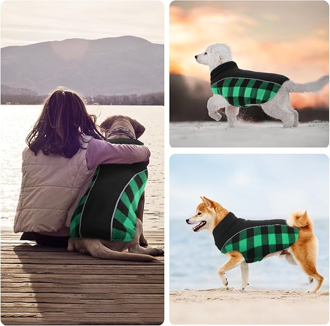 Kuoser Dog Winter Coat, Reversible Waterproof Dog Jacket with Reflective Strip, Warm Dogs Fleece Vest Adjustable Doggy Cold Weather Clothes Plaid Christmas Outfit Pet Apparel for Small Dogs, Green XS
