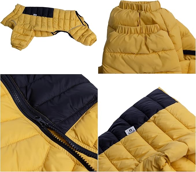Lovelonglong Warm Jacket - 4 Legs Covered Waterproof Windproof Reflective Vest, Zippered Adjustable Outdoor Snow Jacket for Small Medium Large Dogs, Yellow L