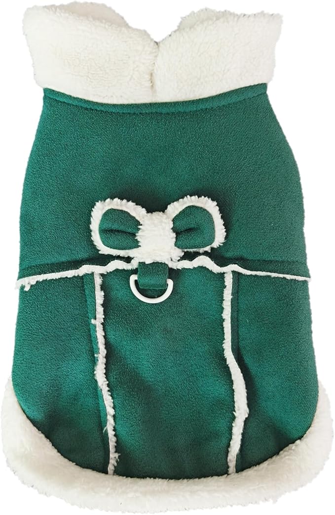 Jecikelon Bowtie Dog Cold Weather Coat Fleece Lining Warm Pet Puppy Turtleneck Dogs Winter Clothes for Small Dogs with D-Ring (Green, X-Small)