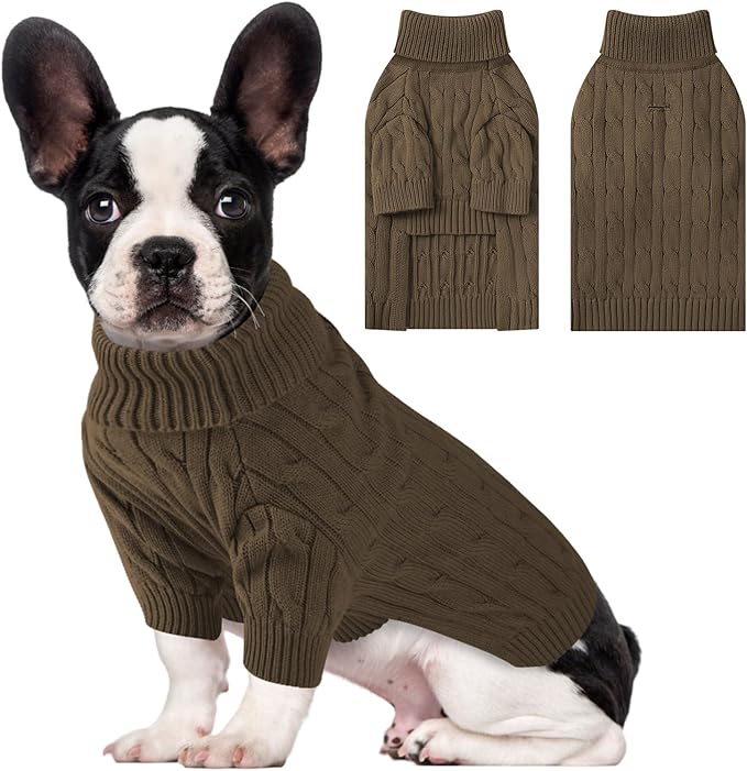 Small Dog Thermal Pullover Sweater, Classic Turtleneck Cable Knitwear Dog Clothes for Cold Weather Warm Pet Clothes for Chihuahua, Bulldog, Dachshund, Pug Tan Medium
