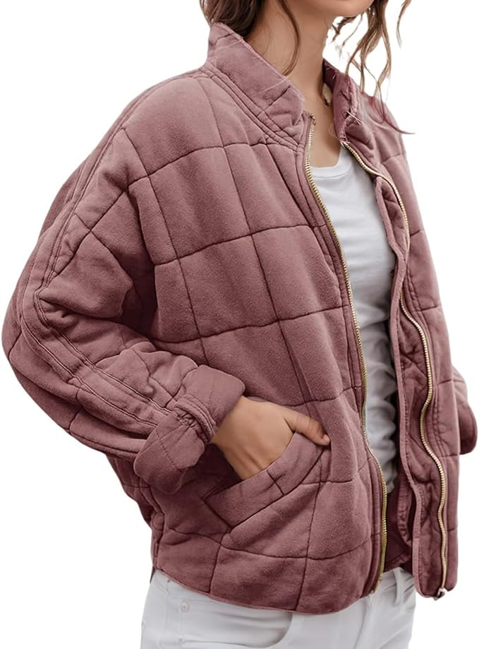LIZALIG Warm Padded Coat for Women Full Zip Quilted Jackets Winter Oversized Causal Solid Color Stand Collar Pockets Coat