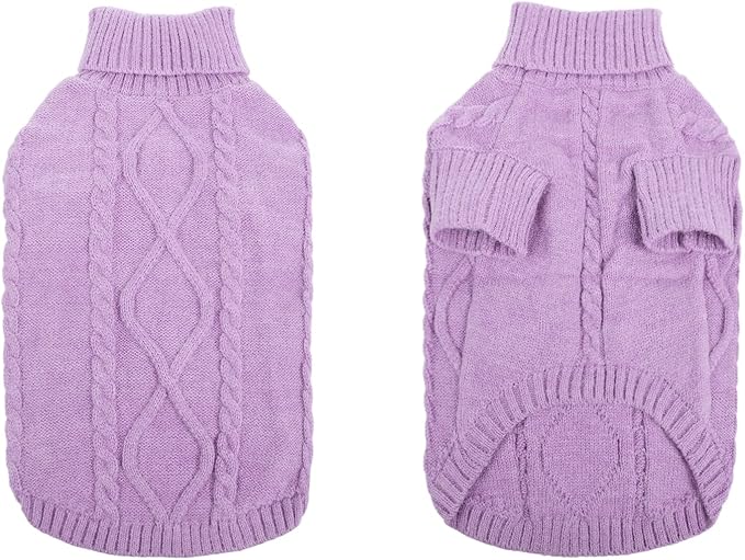 Queenmore Small Dog Pullover Sweater, Cold Weather Cable Knitwear, Classic Turtleneck Thick Warm Clothes for Chihuahua, Bulldog, Dachshund, Pug (Lilac, Medium)