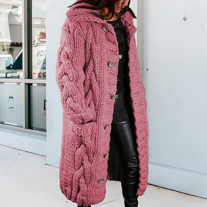 LOAIHA Women Chunky Cable Knit Long Sleeve Cardigan Fall Winter Trendy Oversized Button Down Sweaters Outerwear with Pocket