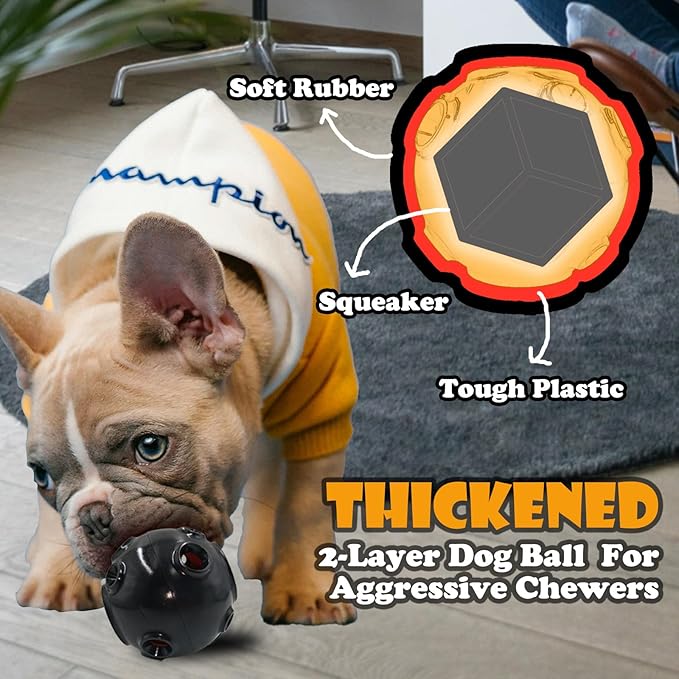 Squeaker Dog Toy Ball, 2-Layer Durable Chew Ball with Natural Rubber Shell & Hard ABS Core, Non-Bouncing for Fetch, Training and Aggressive Chewers, Unique Frog Croak Sound - 4 Inch