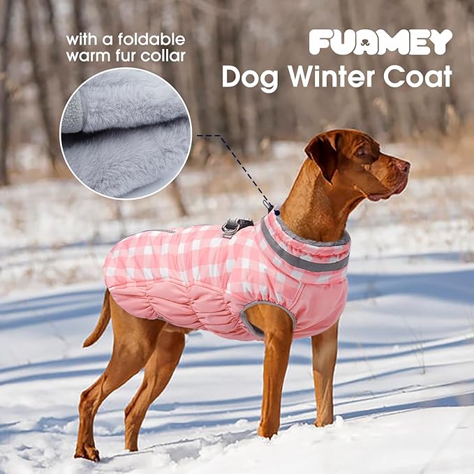 FUAMEY Dog Coat for Large Dogs,Waterproof Dog Winter Jacket with Harness Built in Puppy Cold Weather Coats Reflective Pet Vest with Zipper Warm Fleece Dogs Snowsuit Windproof Pink Plaid L