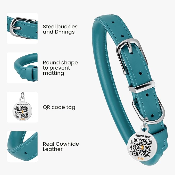 BRONZEDOG Rolled Leather Dog Collar for Small Medium Large Dogs with QR ID Tag (S: 12-14 Inch, Teal)