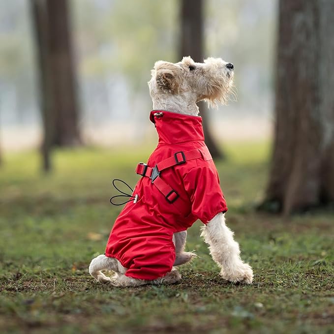 Mile High Life Waterproof Dog Raincoat, Full Coverage Small Dog Rain Coat with Harness, Adjustable 4 Legs Puppy Rain Jacket with Reflective Strip and Elastic Cuffs (Red, XXS Back Length 9.8")