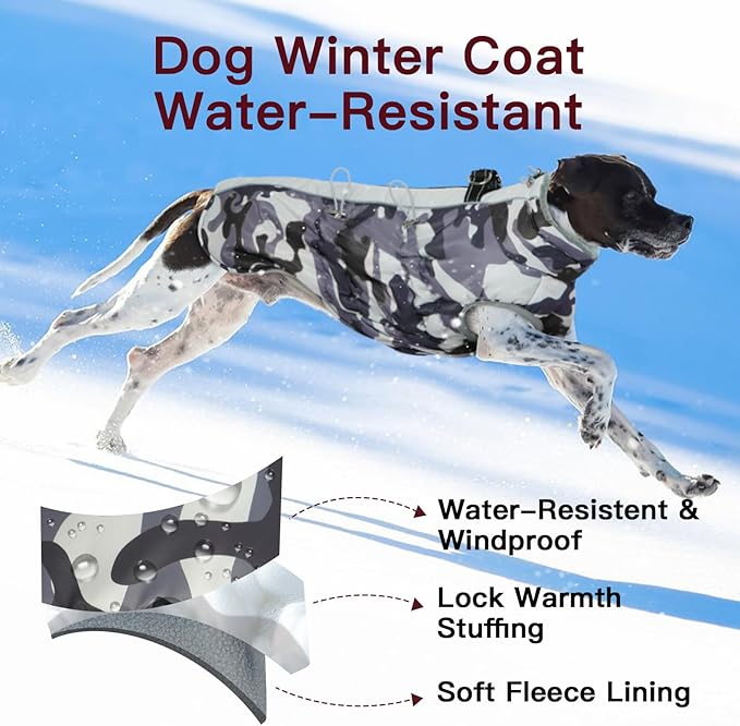 Medium Dog Coat Dog Winter Jacket,Warm Dog Coat with Harness Reflective Dog Snow Jacket Water-Resistant Dog Vest Zip Up Snowsuitfor Medium Dogs Jack Russell, Mini Schnauzer, Grey-Camouflage