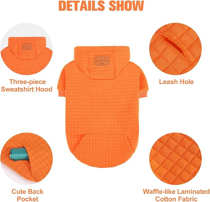 BEAUTYZOO Small Dog Hoodie Sweater with Pockets, Dog Clothes for Small Medium Dogs Boy Girl, Waffle-Like Laminated Cotton Pet Coats with Hat and Leash Hole, Orange ML