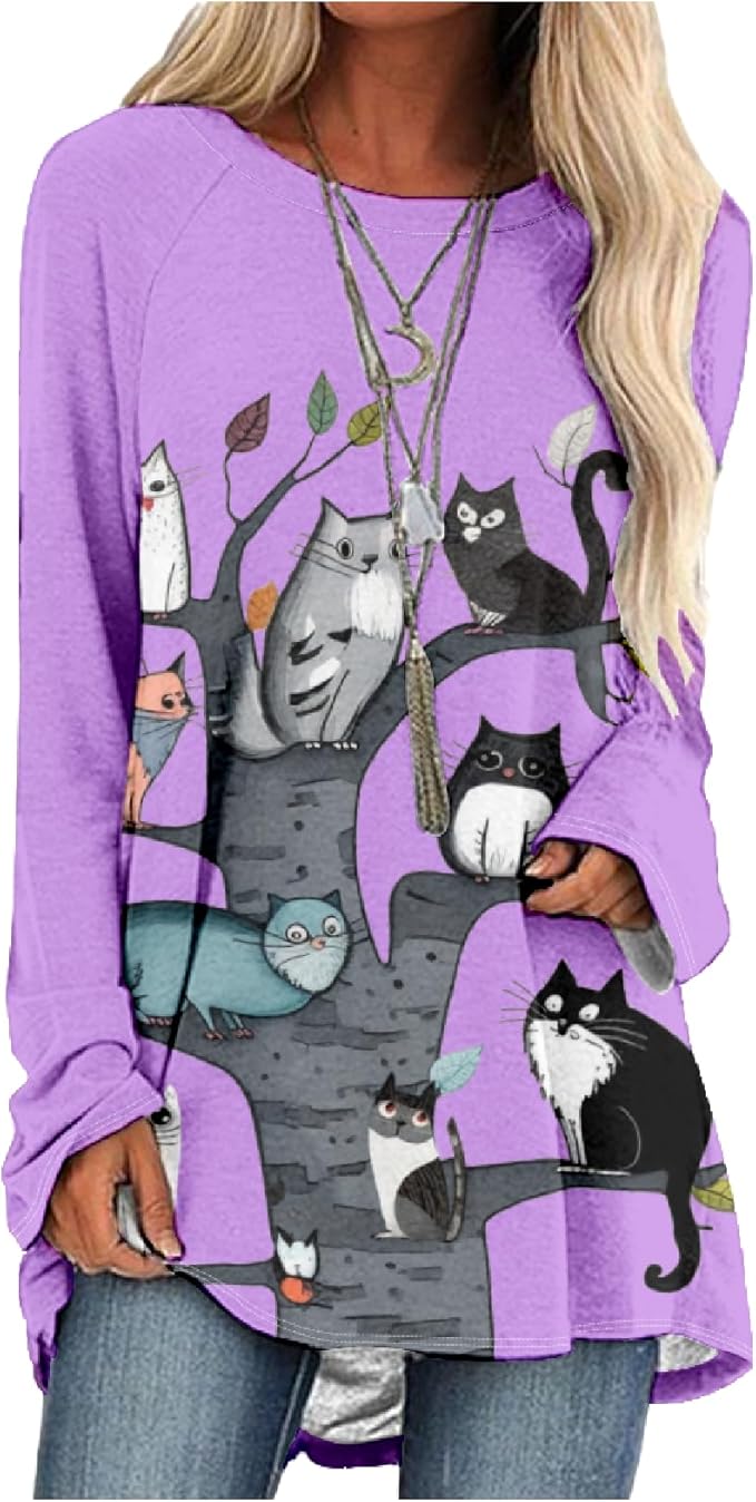 Womens Tunic Shirt Cute Cat Print Long Sleeve Round Neck Women T Shirts Cotton Casual Plus Size Vacation Tunics Tops