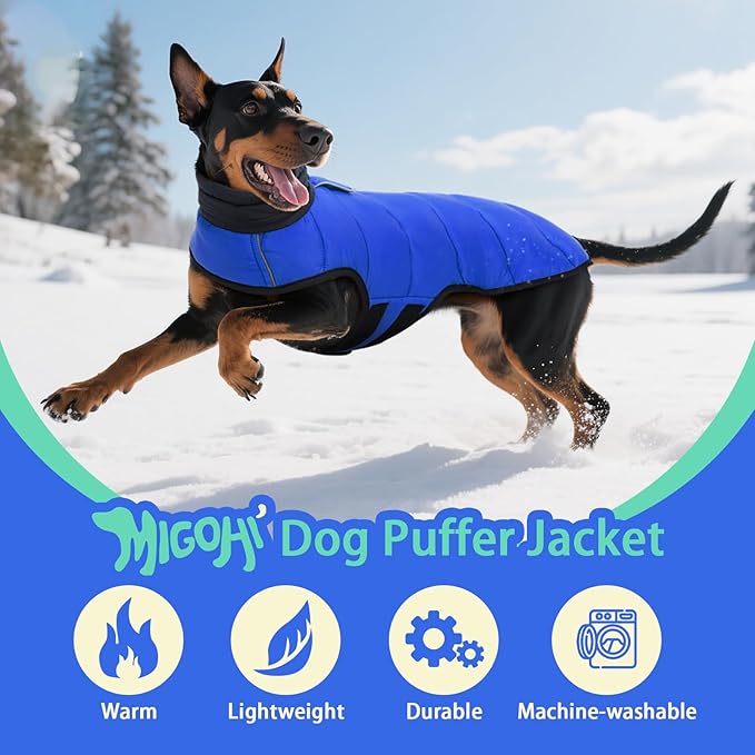 MIGOHI Lightweight Dog Coat, Windproof Dog Jacket, Puffer Jacket for Large Dogs, Padded Vest with Reflective Strips, Warm Snow Vest in Cold Weather, Easy On Hook & Loop Belly, Blue, XL
