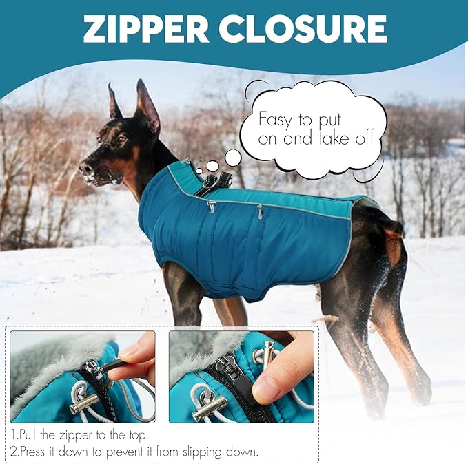 IDOMIK Warm Dog Coat with Harness, Waterproof Reflective Dog Jackets for Small Medium Large Dogs, Fleece High Collar Winter Jacket with Zipper, Pet Winter Snowsuit Clothes for Cold Weather,Blue L