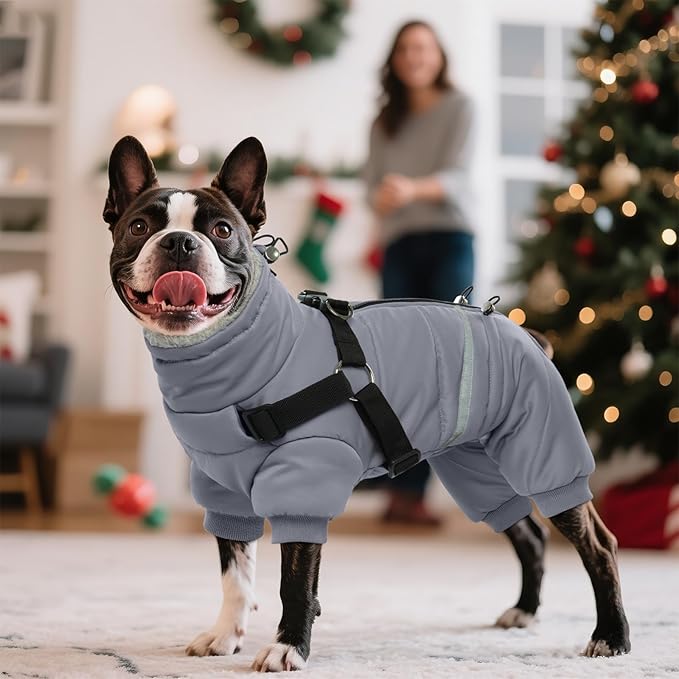 BRKURLEG Grey Dog Winter Coat, Cozy Winter Dog Jackets, Small Medium Dogs Coat with Harness, Onesie Body Warm Puppy Christmas Jacket, Pet Cold Weather Jackets, Puppy Four-Legged Puffer Coats, XXL