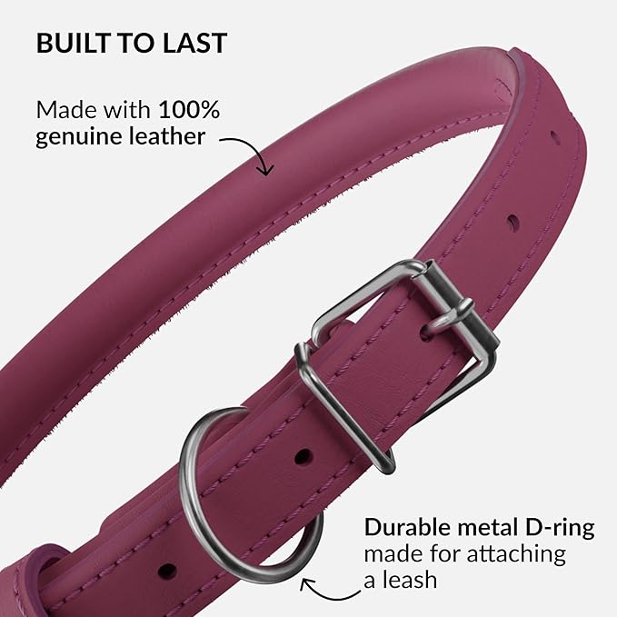 CollarDirect Rolled Leather Dog Collar, Soft Padded Round Puppy Collar, Handmade Genuine Leather Collar Dog Small Large Cat Collars 13 Colors (13-16 Inch, Pink Smooth)