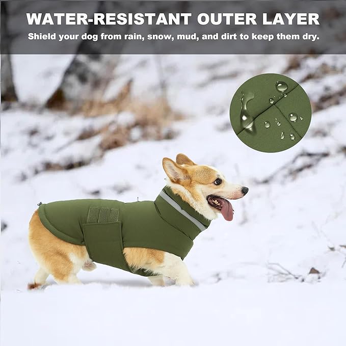 Dog Coat, Waterproof Winter Jacket, Warm Windproof Vest, Reflective Adjustable Turtleneck Coats for Medium and Large Dogs with Hook & Loop - Green - L