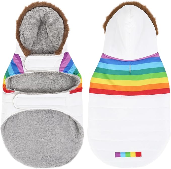 HDE Dog Puffer Jacket Fleece Lined Warm Dog Parka Winter Coat with Harness Hole White Rainbow Stripe - XXL