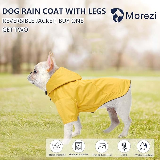 Dog Raincoat Dogs Waterproof Reversible rain Jacket Dog Small Medium Breeds Reflective Zipper Storage Pocket Harness Hole - Yellow - L