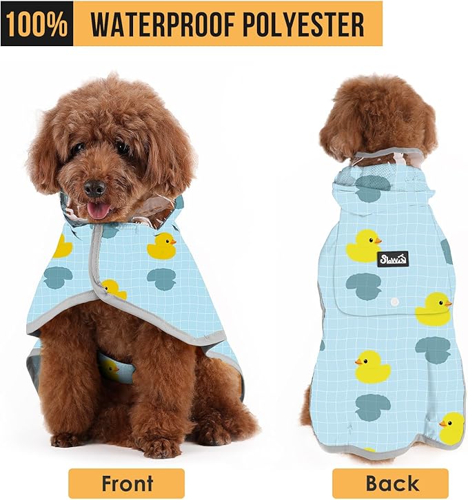 SlowTon Dog Raincoat, Adjustable Dog Rain Jacket Clear Hooded Double Layer, Waterproof Poncho with Reflective Strip Straps and Storage Pocket for Small Medium Large Dogs Puppies(DK S)