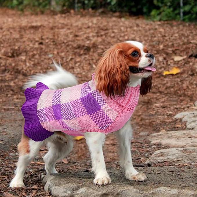 Dog Sweater Dress Plaid Knitwear for Small Medium Dogs Warm Puppy Pet Turtleneck Stretch Pullover Cute Fall Winter Vest Clothes with Leash Hole for Christmas (Purple, XS)