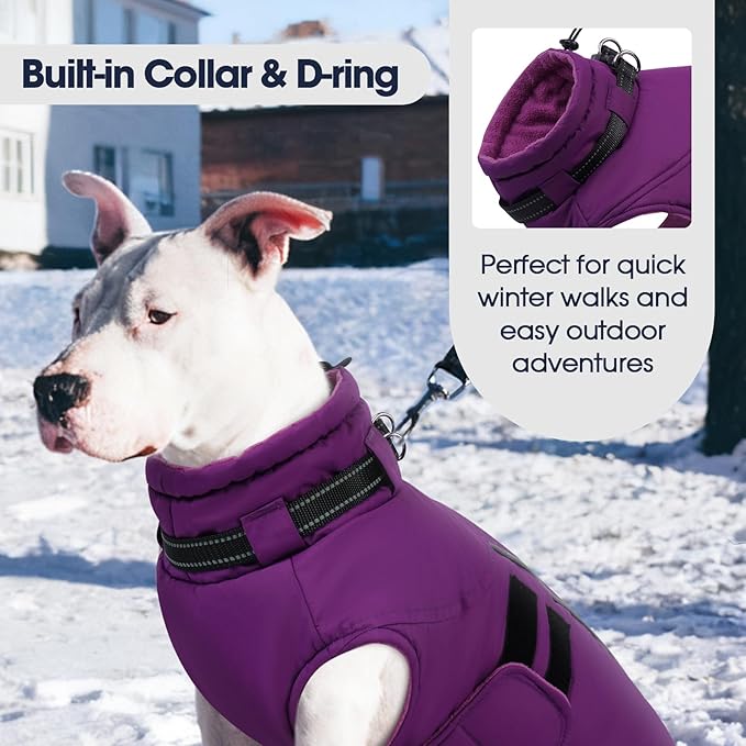 IECOii Waterproof Dog Coat for Medium Dogs, Reflective Dog Jacket with Collar Built in, Thick Fleece Dogs Coat for Winter Easy On Hook & Loop Pet Snowsuit for Hunting, Hiking, Camping, Purple - L