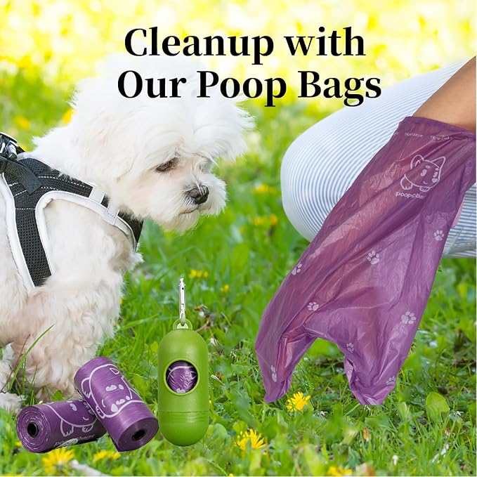 420 Count Dog Poop Bags Rolls with Dispenser & Leash Clip, 9″ x 13″ Scented Biodegradable Leak Proof Poop Bags for Dogs, Cats & Pet Waste, 28 Refill Rolls of 15, Purple