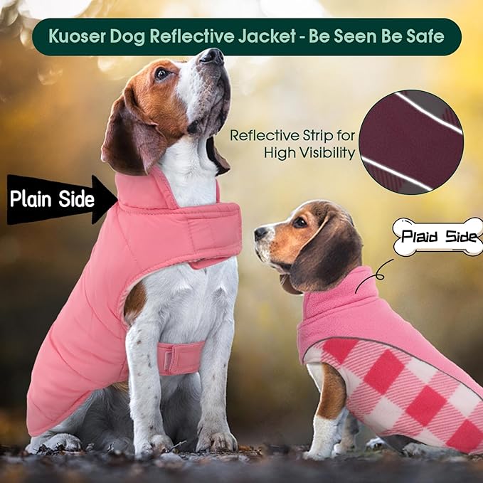 Kuoser Dog Winter Coat, Reversible Waterproof Dog Jacket with Reflective Strip, Warm Dogs Fleece Vest Adjustable Doggy Cold Weather Clothes Plaid Christmas Outfit Pet Apparel for Medium Dogs, Pink M