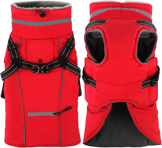 Doglay 2 in 1 Dog Coat with Harness Built-in, Waterproof Dog Winter Jacket with Pocket & Poop Bags, Reflective Adjustable Pet Winter Coat for Small, Medium, Large Dogs