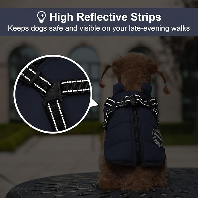 Warm Winter Coat, Fashion Sports Cold Weather Jacket With Built-in Harness, Reflective & Adjustable Comfortable Pet Vest, Waterproof Windproof Apparel for Small Dogs (Navy)
