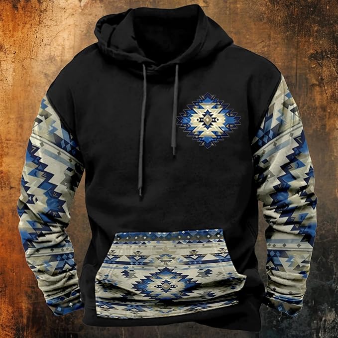 HOTYD Mens Western Aztec Sweatshirts Long Sleeve Fall Fashion Drawstring Pullover Vintage Graphic Cowboy Hoodie for Men