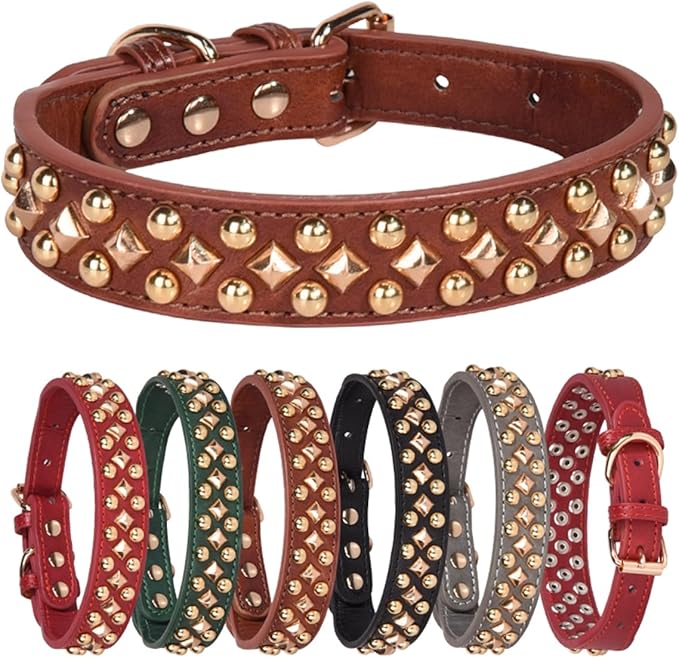 Spiked Dog Collar Soft Pu Leather Mushrooms Rivet Spike Studded Puppy Adjustable Pet Collars for Small Breeds (L, Brown3)
