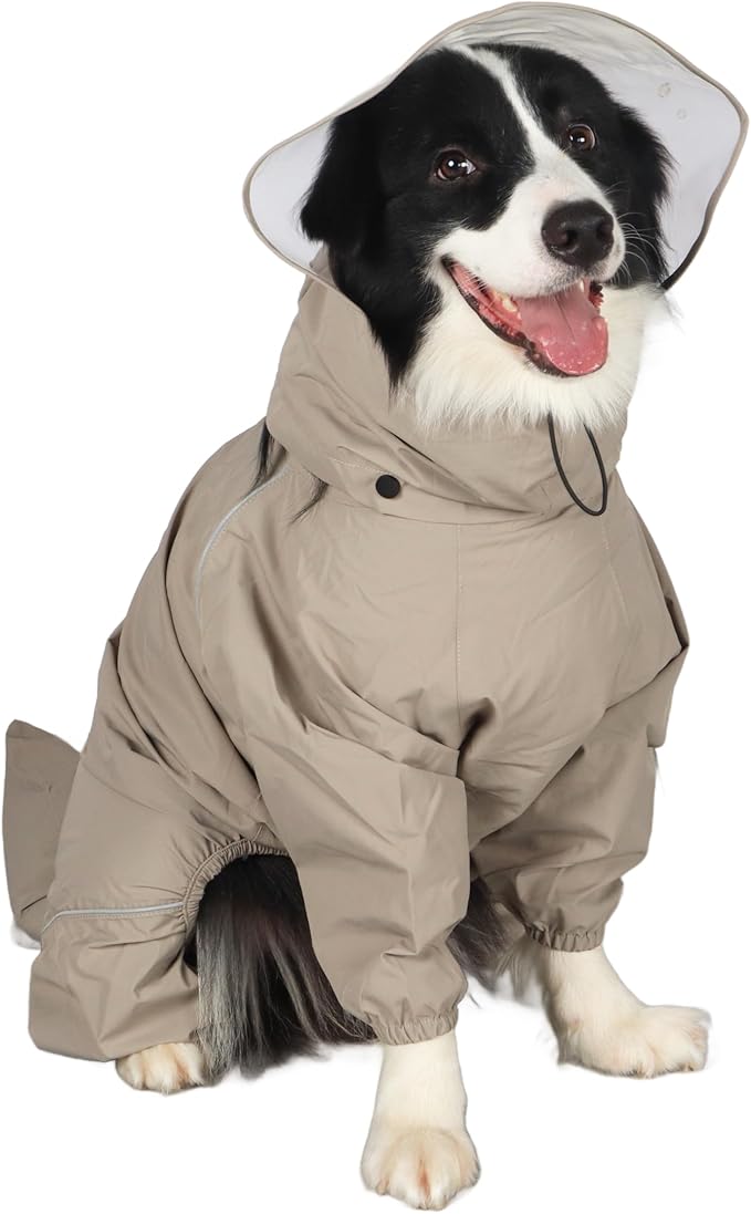 Dog Raincoat for Medium Large Dogs,rain Jacket Coat, Full Leg Coverage Waterproof Rain Suit with Detachable Hood & Tail, Reflective Strips, Snag-Free Top Zipper (Khaki for Boy, Large)