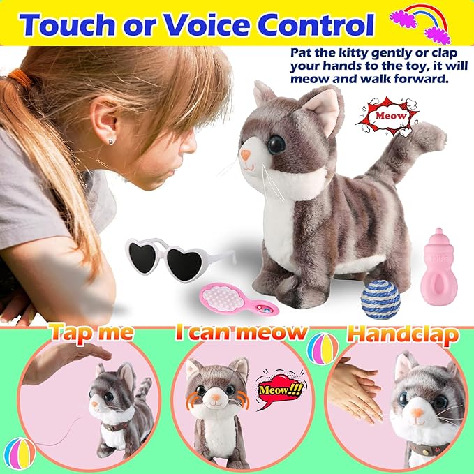 Gray Walking Cat Set Singing That Purrs and Meows Animated Plush Robot Kitten with Leash Moving Plush Stuffed Animal Remote Control Cute Kawai Robotic Kitty Electronic Kitten Toy for Girl Kid