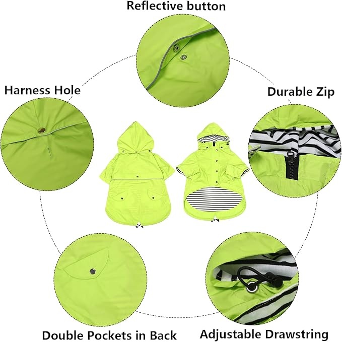 Morezi Dog Zip Up Raincoat with Reflective Buttons, Rain/Water Resistant, Adjustable Drawstring, Removable Hood, Raincoats with Legs 8lbs to 80lbs Available Light Green S