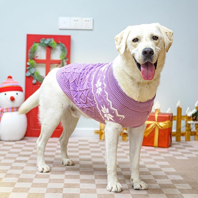Warm Winter Pink Dog Sweater - Cold Weather Pet Clothes for Small Medium Large Dogs Indoor Outdoor, Soft Classic Knit Puppy Apparel Coat, Purple, XL