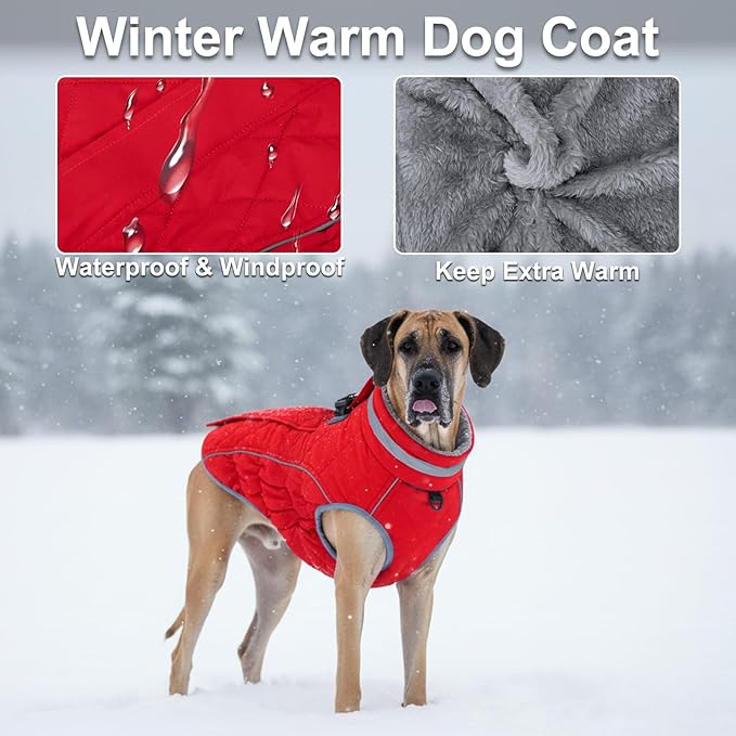 Dog Coat, Warm Dog Winter Coat for Small Dogs, Waterproof Jacket with Harness Built in, Reflective Turtleneck Cold Weather Coats with Zipper,Pet Fleece Vest Snow Jacket, Red XS