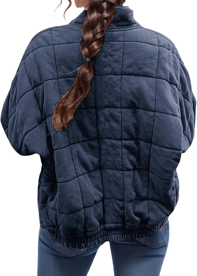 LIZALIG Warm Padded Coat for Women Full Zip Quilted Jackets Winter Oversized Causal Solid Color Stand Collar Pockets Coat