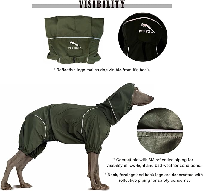 Dog Lightweight Windbreaker, Dog Outdoor 4-Legs Jacket, 0.5 lbs,Durable Water Repellent, Hooded, Easy on/Off with Collar and Harness, Reflective, Packable,Dark Olive -XXL(Male)
