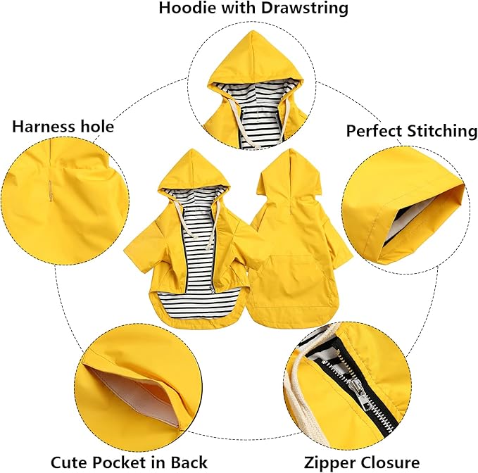 Dog Raincoat rain Jacket Raincoat Dogs Waterproof Small Medium Breeds Zip Closure Storage Pocket Harness Hole Yellow XL