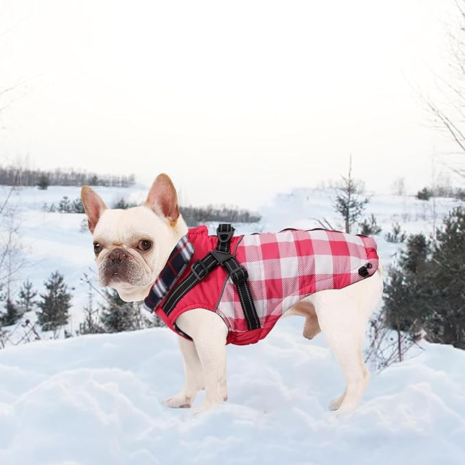 Dog Coat with Harness,Small Dog Winter Coat,Doggie Jackets with Built in Harness,Adjustable Warm Jacket for Medium Large Dogs,Pet Puppy Cold Weather Coats for Dogs Waterproof (PlaidPink, Large)