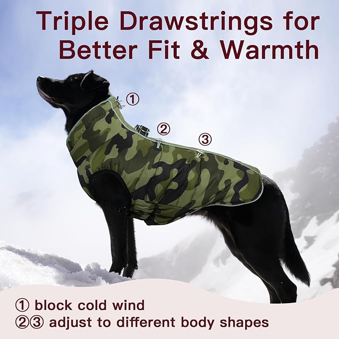 Dog Winter Jacket - 3X Large, Warm Zip Up Snowsuit Dog Harness Vest, Reflective, Water-Resistant, Camouflage