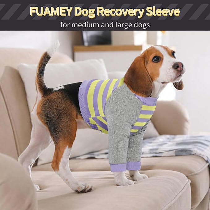 FUAMEY Dog Recovery Sleeve with Elbow Protector,Dogs Shirt Stop Licking Joints,Pet Long Sleeve Suit Protecting Dog's Front Leg Arm Wounds Cover Skin Conditions Purple Stripes XL