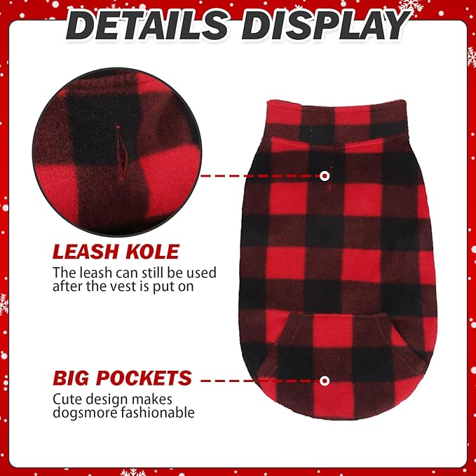 KOOLTAIL Small Dog Winter Jacket, Pet Vest Sweater with Pocket and Leash Hole, Windproof Cold Weather Dog Coats for Boys and Girls, Christmas Red Plaid